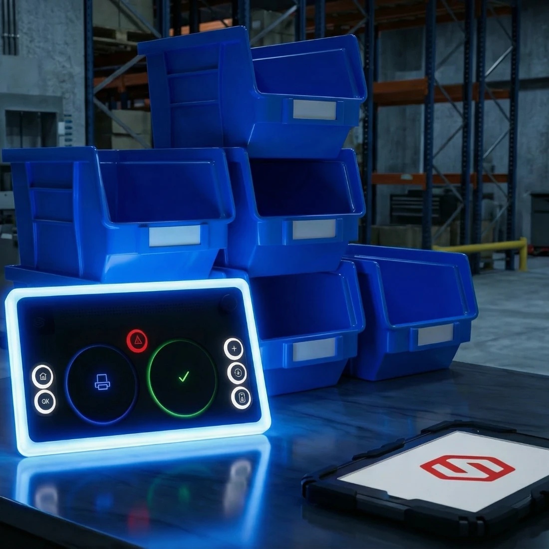 ShipHero Tap-to-Pack controller beside a tablet and blue warehouse totes