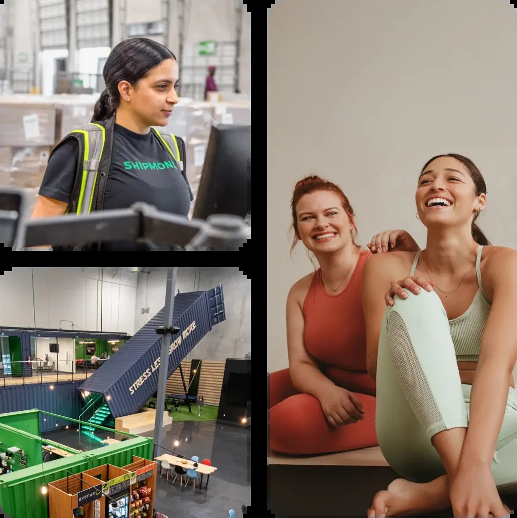 ShipMonk company collage showing a warehouse employee, an office built with shipping containers, and apparel models