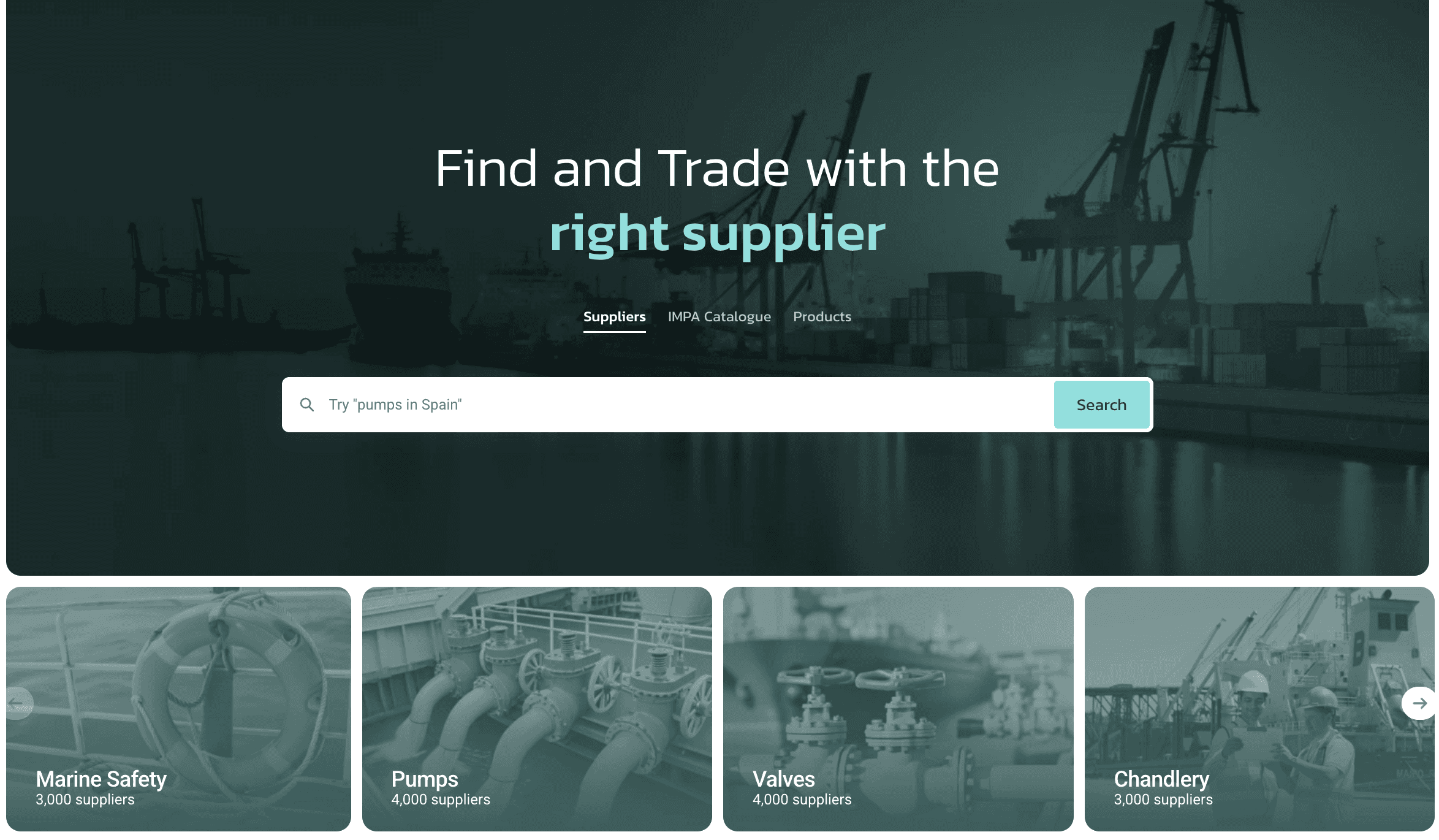 ShipServ search interface showing marine supplier discovery and category browsing