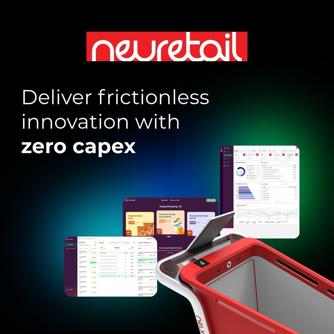 NeuRetail promotional artwork showing a smart shopping cart and retail software interfaces