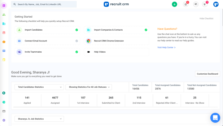 A historical Recruit CRM dashboard showing onboarding tasks, candidate statistics and a support chat button