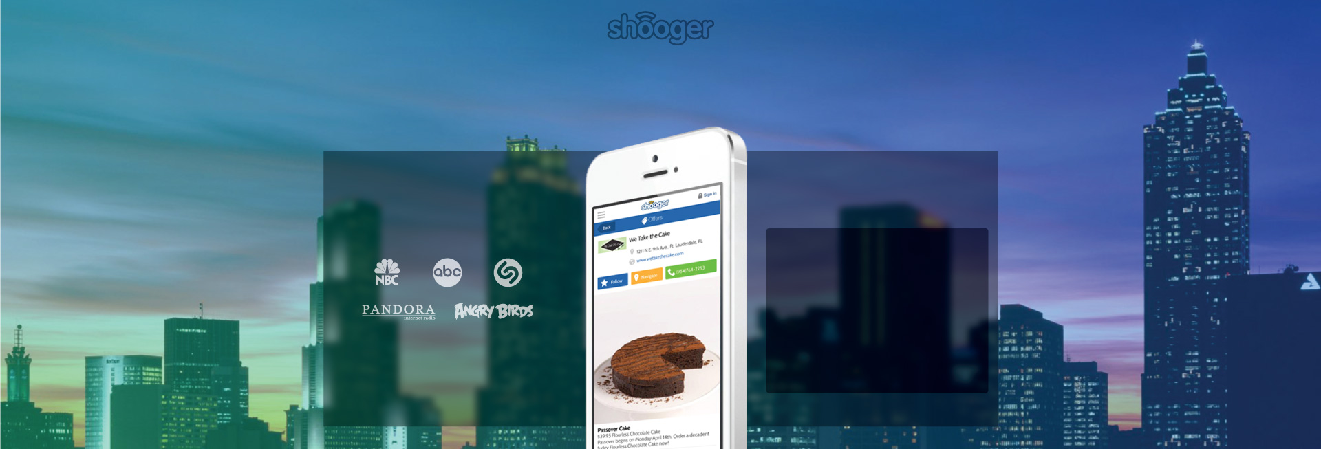 The Shooger app displayed on a phone against a city skyline, surrounded by consumer-brand logos