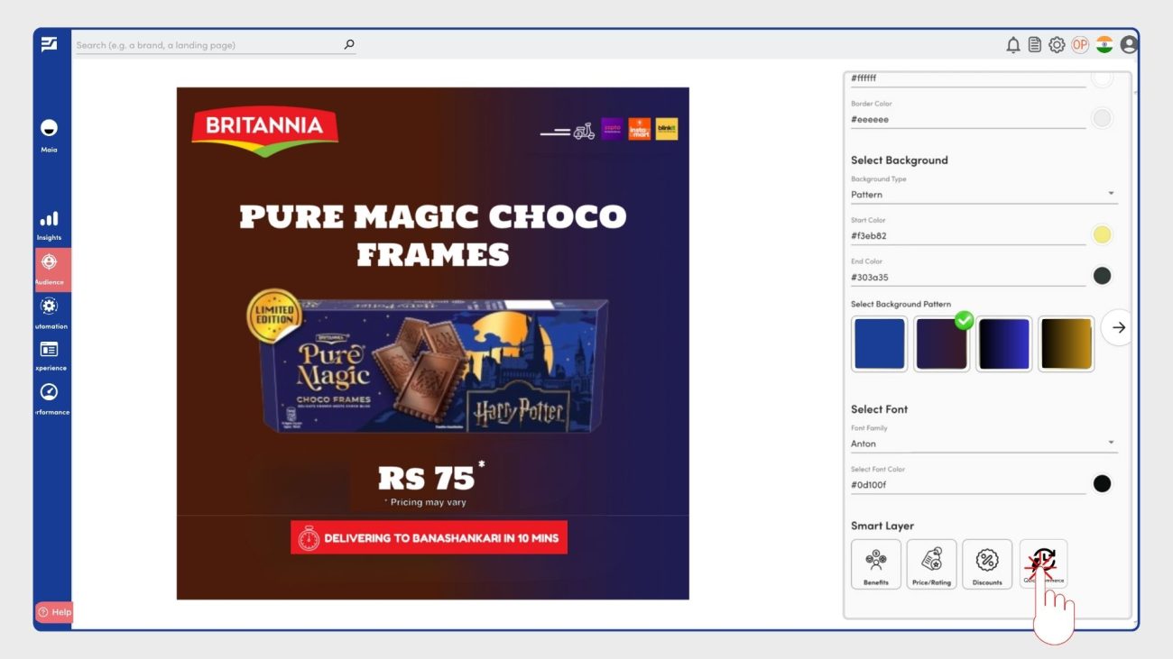 Shopalyst Creative Builder showing a location-aware quick-commerce advertisement with product price and delivery promise
