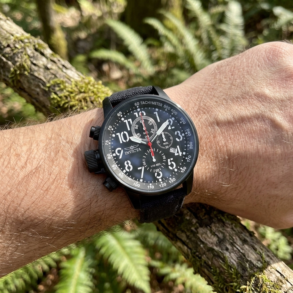 An Invicta chronograph with a black canvas strap photographed on a wrist outdoors