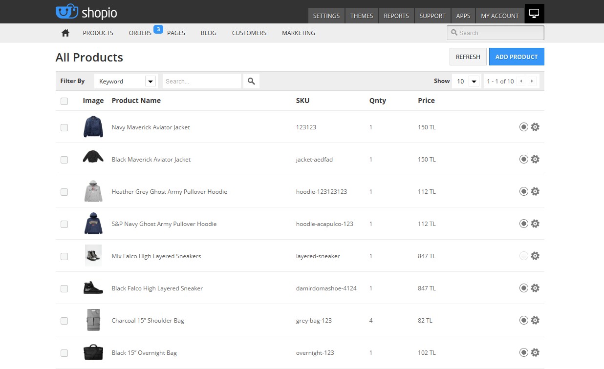 Shopio's 2014 product management screen showing product names, stock quantities and prices