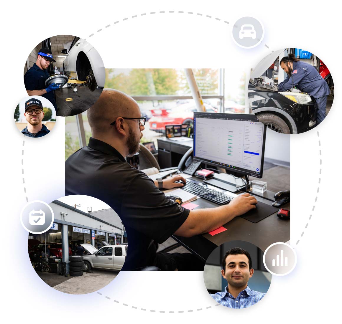 Shopmonkey product imagery showing its connected shop management software