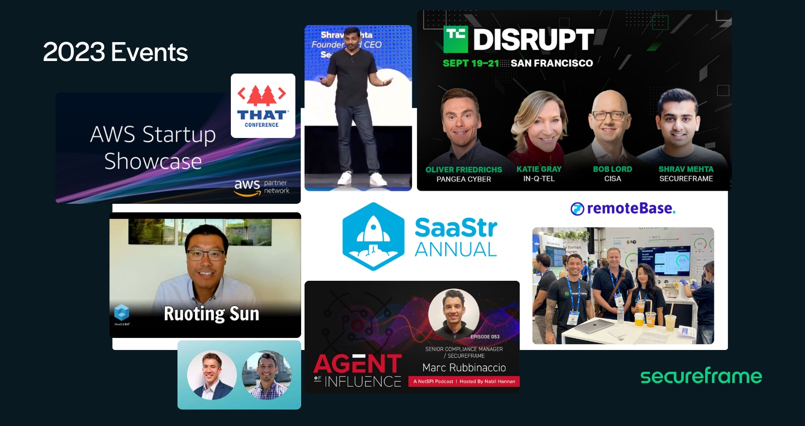 Secureframe’s 2023 events collage, including Shrav Mehta speaking on stage and appearing in TechCrunch Disrupt speaker artwork.