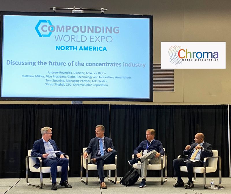 Four panelists discussing the concentrates industry at Compounding World Expo 2021; Shruti Singhal is seated at the right.