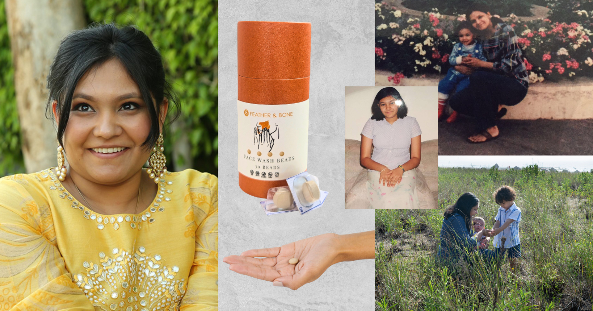 Collage of Shubhangini Prakash, a Feather and Bone product and family photographs