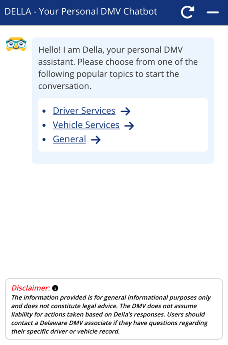 DELLA DMV chatbot interface offering Driver Services, Vehicle Services and General topics