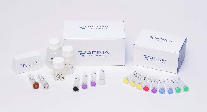 Arima laboratory kit with reagent bottles, boxes and colored tubes