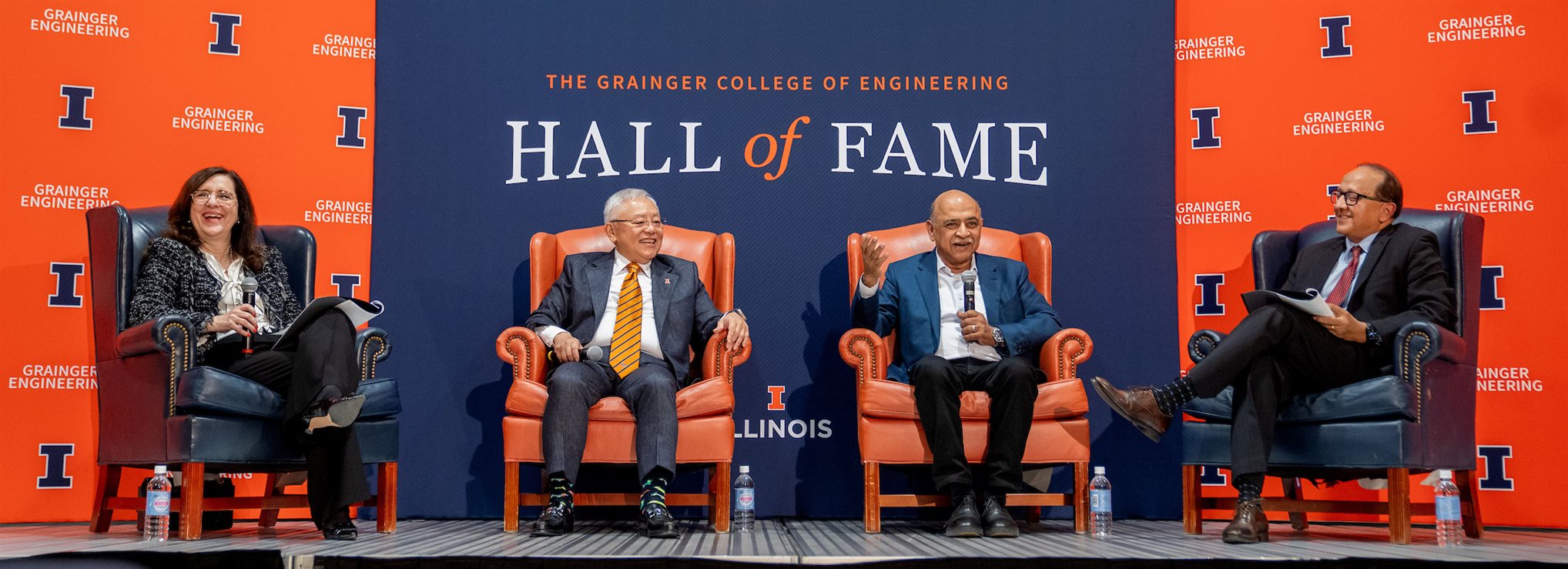 Mary McDowell, Sidney Lu, Arvind Krishna and Rashid Bashir on stage at Illinois’s 2025 Hall of Fame event.