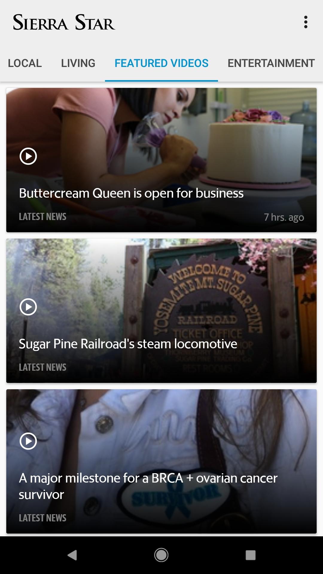 Historical Sierra Star Android app screenshot showing local video stories about a bakery and the Yosemite Mountain Sugar Pine Railroad