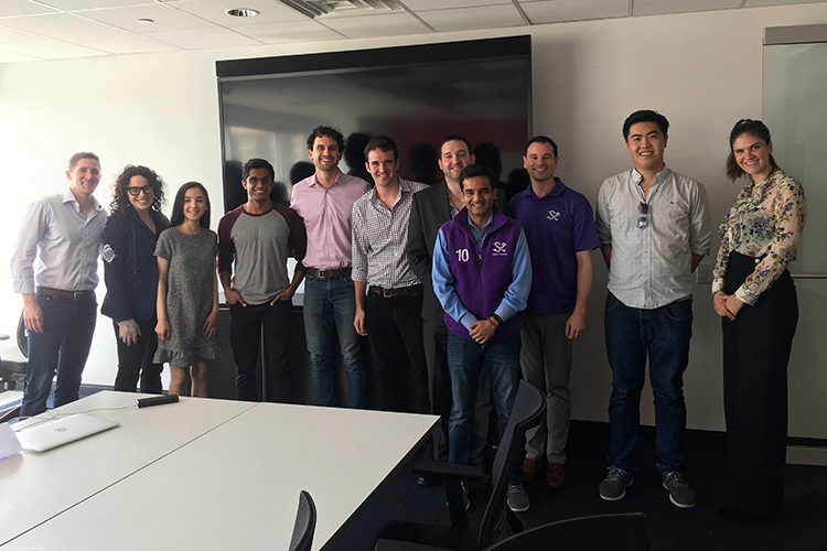 Sieva Kozinsky with Jacob Conger and MBA Fund pitch finalists in a Wharton meeting room