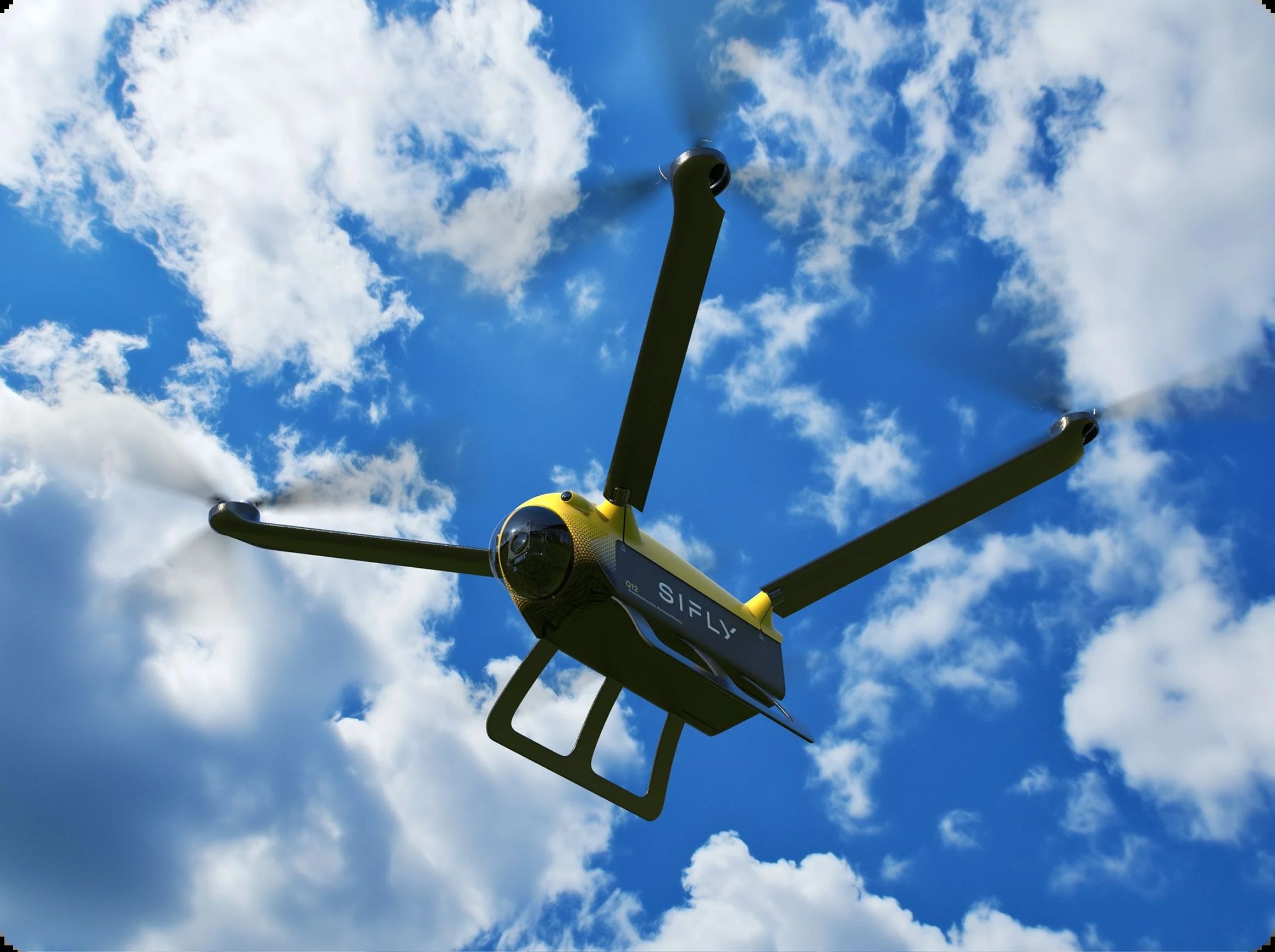 Yellow and black SiFly Q12 drone flying against a blue sky