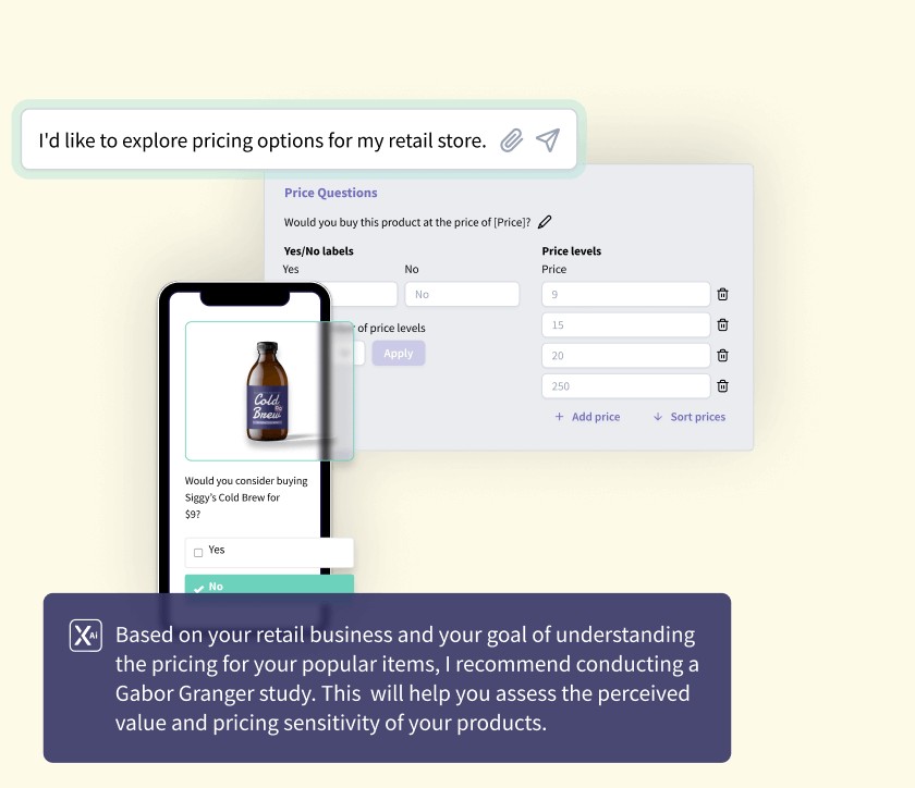 Ada by SightX recommending a Gabor-Granger pricing study inside a chat interface