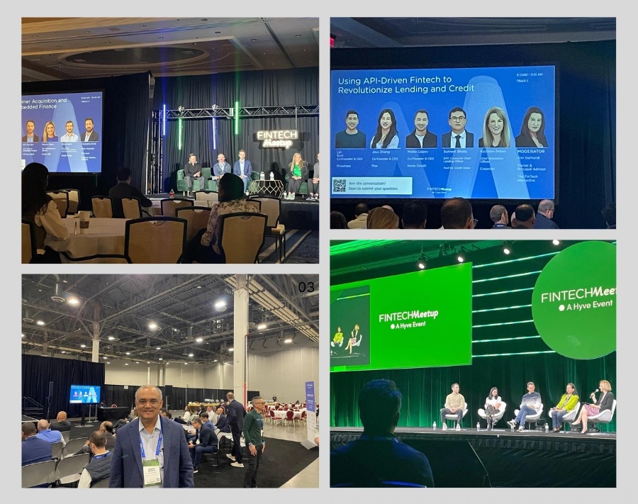 Sigma’s collage from Fintech Meetup 2025, showing conference panels, attendees, and the exhibition hall