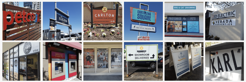 Examples of exterior signs and storefront graphics in Sign It’s published portfolio