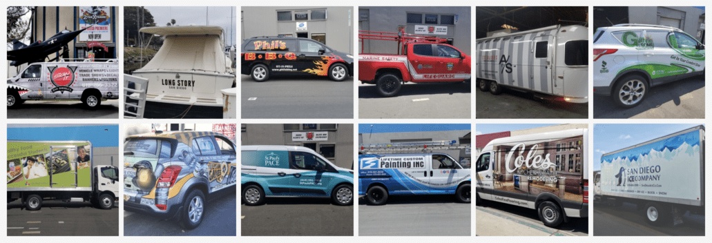 Sign It portfolio collage with branded cars, vans, box trucks and boat lettering