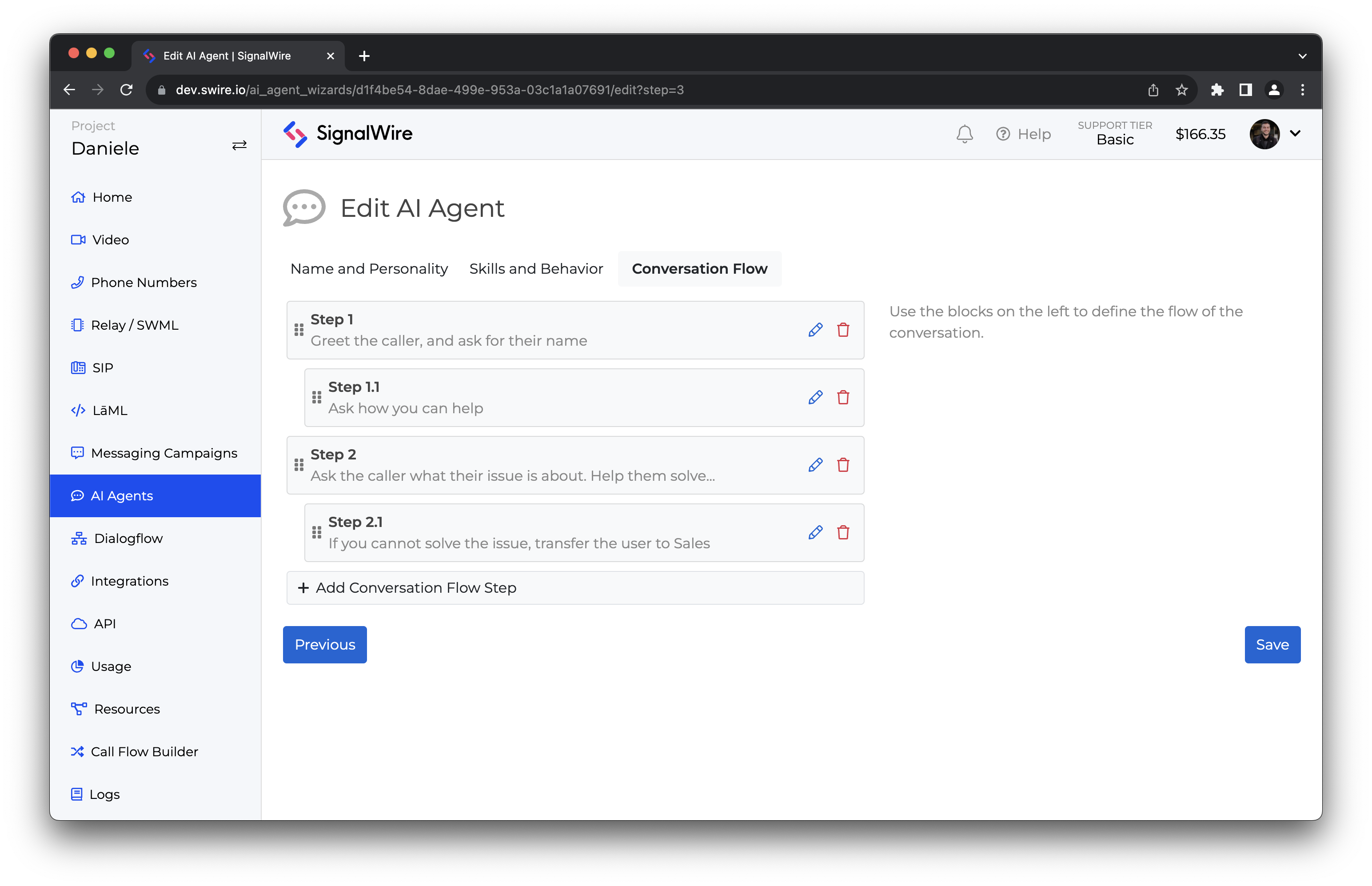 SignalWire's visual AI Agent Builder showing steps in a conversation flow