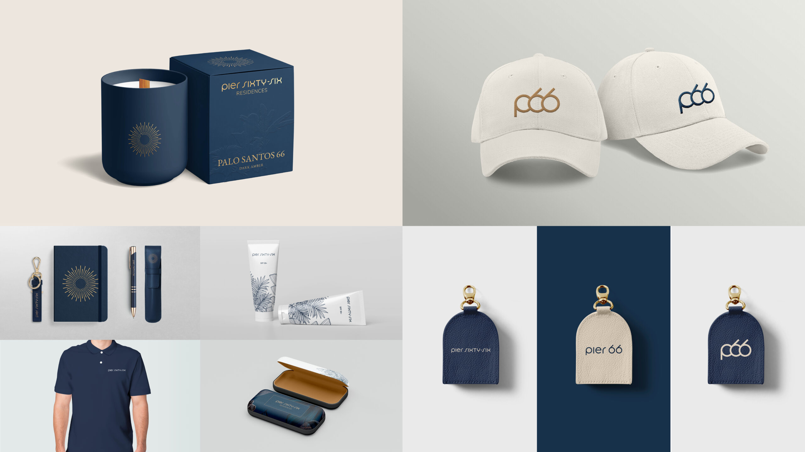 Pier Sixty-Six branded candles, caps, stationery and luggage tags