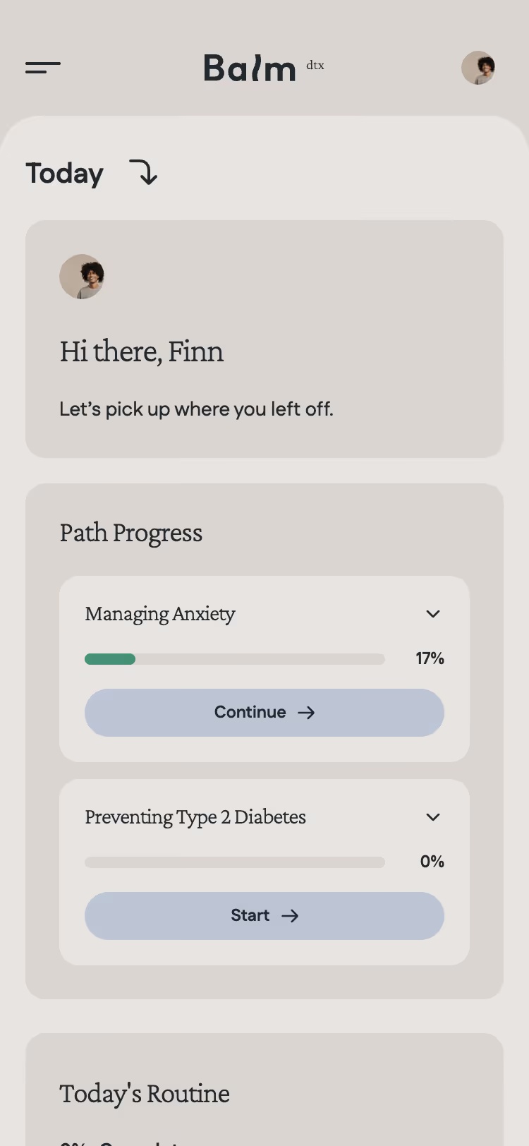 Balm mobile dashboard showing anxiety program progress and a type 2 diabetes prevention path