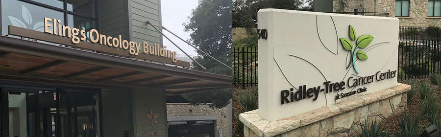 Portfolio photographs of Elings Oncology Building lettering and a Ridley-Tree Cancer Center monument sign