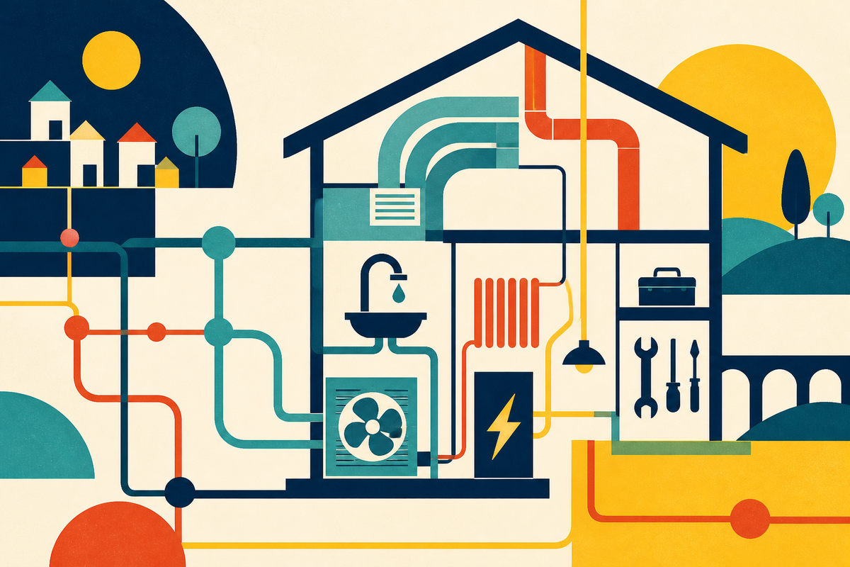 Abstract Swiss-style illustration of a house connected by pipes, airflow, wiring and service tools