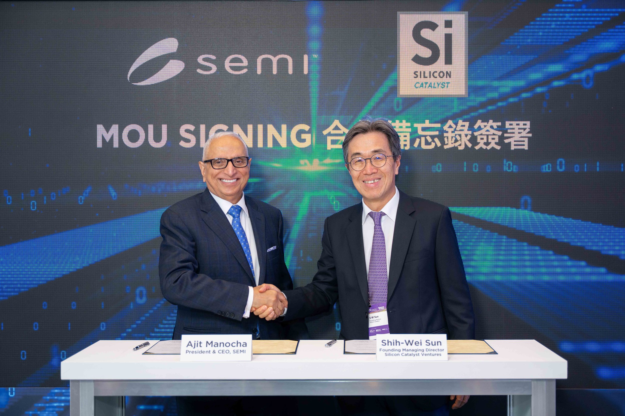 SEMI president and CEO Ajit Manocha and Silicon Catalyst Ventures founding managing director Shih-Wei Sun at their September 2026 partnership signing