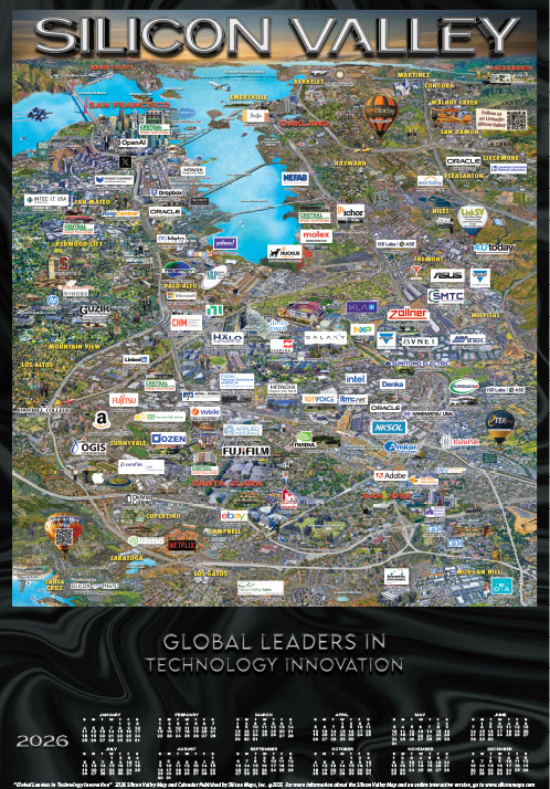 Archival Silicon Valley promotional map and calendar filled with company logos