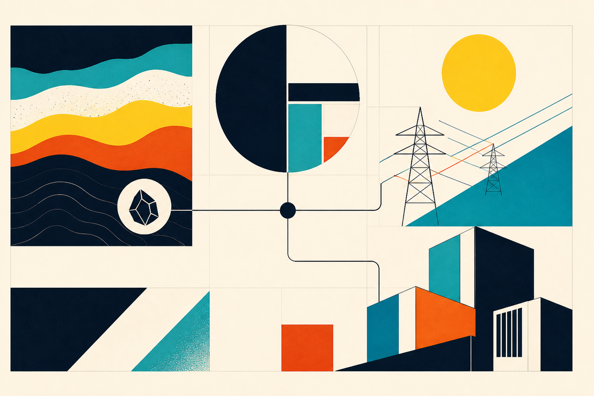 Abstract Swiss-style composition of geological layers, legal geometry, power lines and buildings