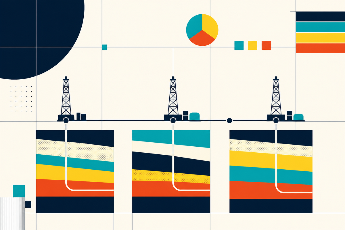 Abstract Swiss-style illustration of three shale basins connected by horizontal wells and infrastructure