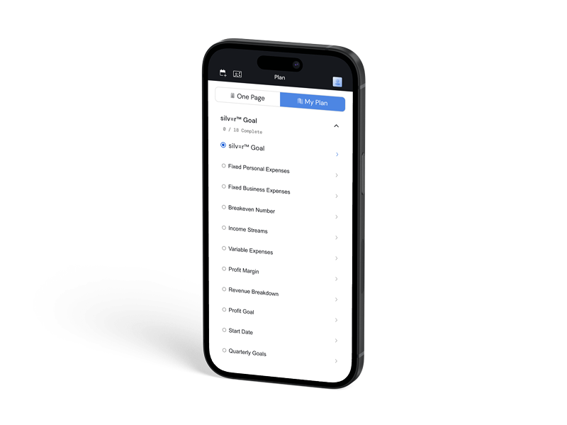 silv=r mobile planning screen listing expenses, income streams, profit margin and quarterly goals