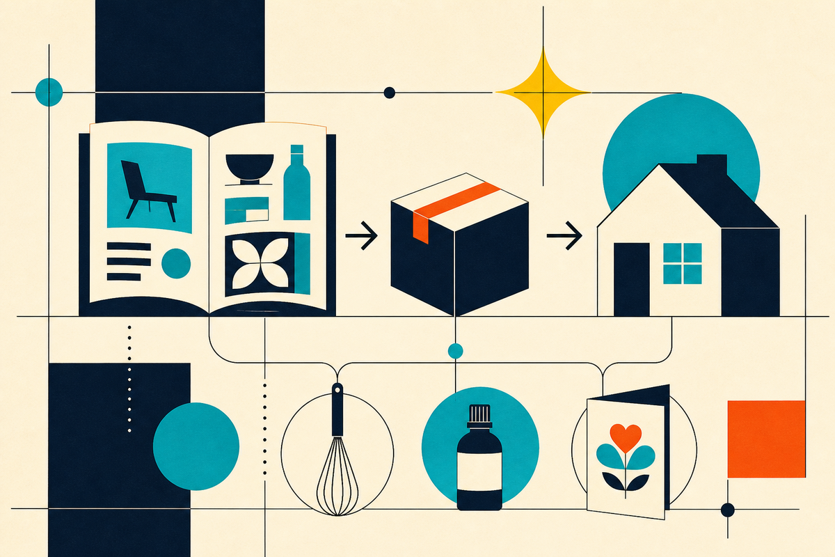 Geometric Swiss-style illustration connecting a catalog, parcel, home, kitchen tool, wellness bottle and greeting card