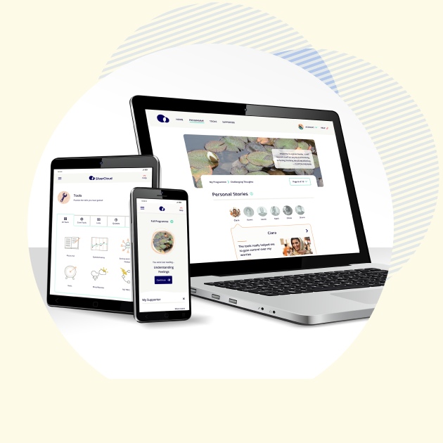 SilverCloud programme interface displayed on a laptop, tablet and smartphone