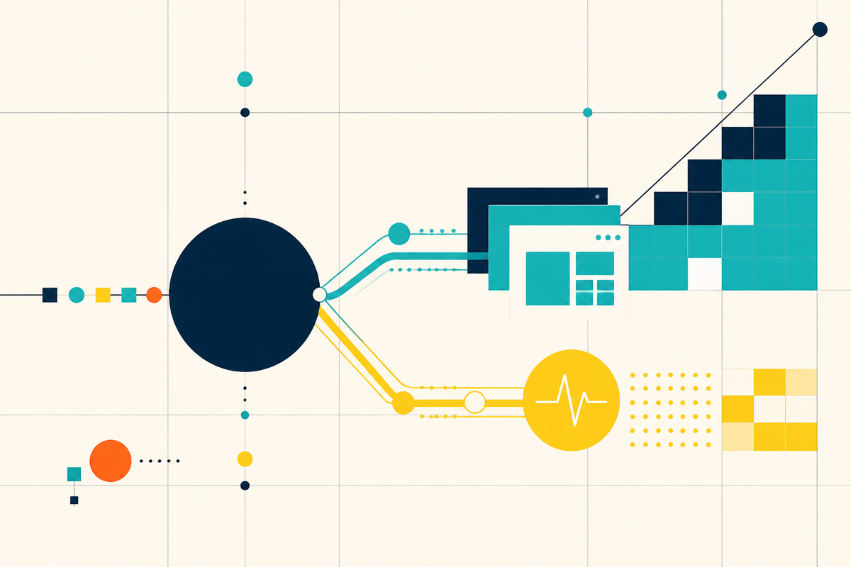 Abstract Swiss-style geometry showing capital flowing into software and healthcare systems