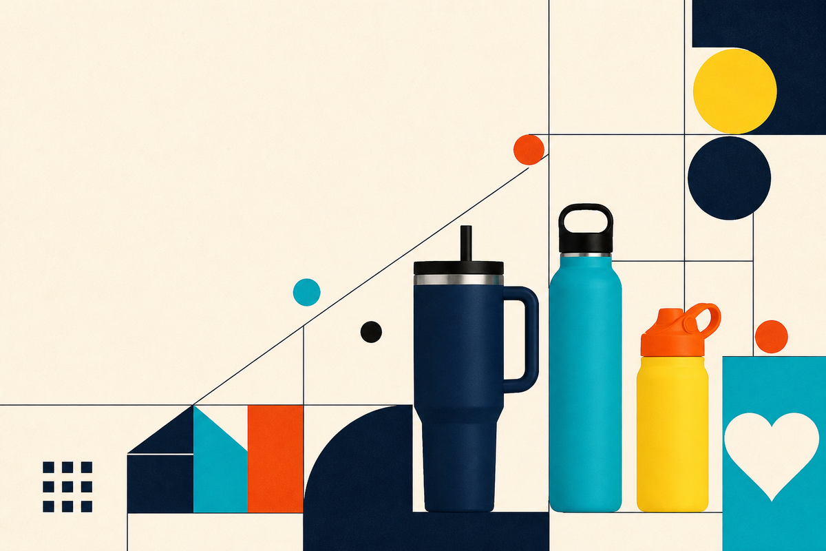 Abstract Swiss-style arrangement of colorful reusable bottles and geometric shapes