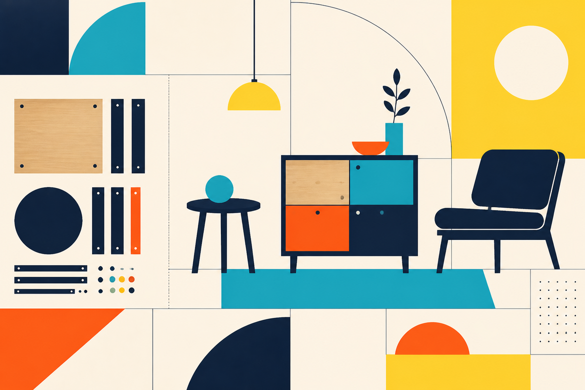 Geometric Swiss-style illustration of flat-pack parts becoming a furnished room