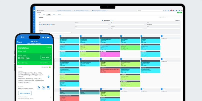 Simpro office scheduling calendar beside a mobile technician job screen