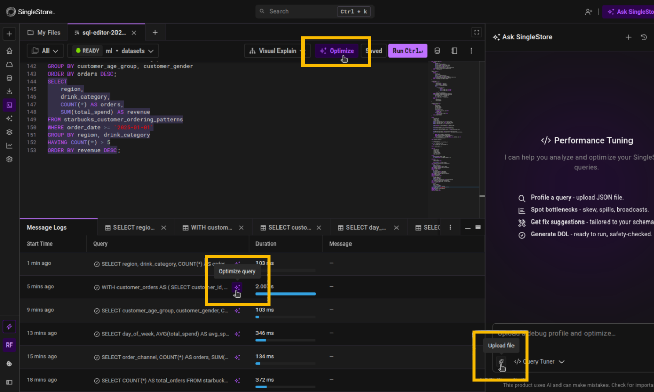 SingleStore product screenshot showing entry points for its Query Tuning Agent