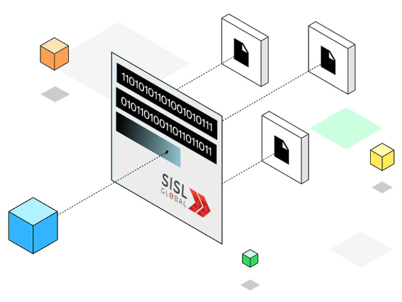 SISL Global illustration showing data and documents moving through a connected technology system