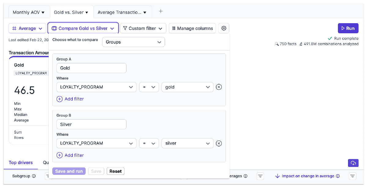 Sisu analytics interface comparing average transaction amounts for gold and silver loyalty groups