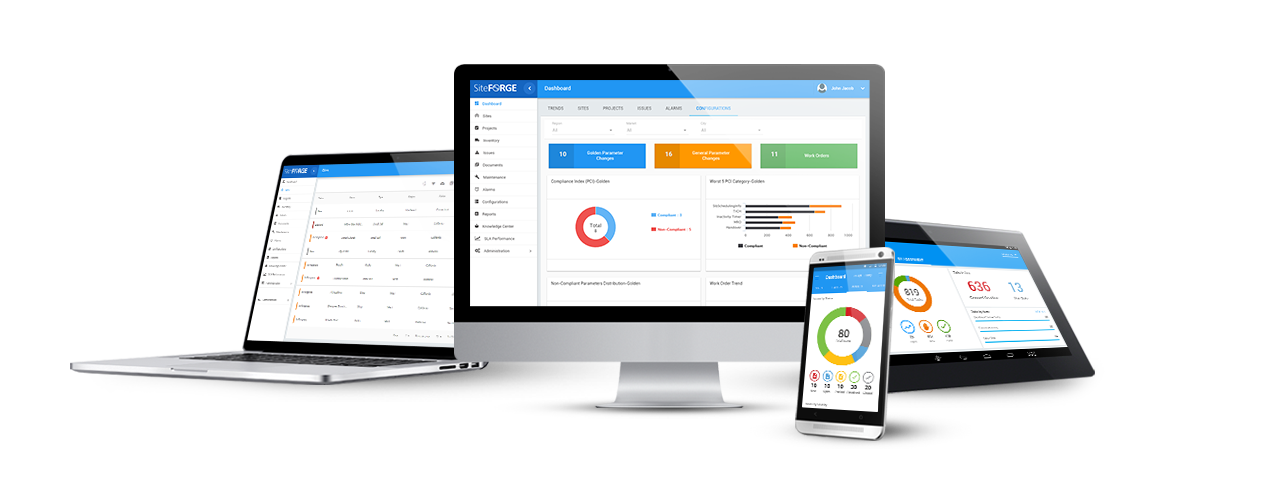 Archived SiteFORGE product artwork showing laptop, desktop, phone, and tablet interfaces