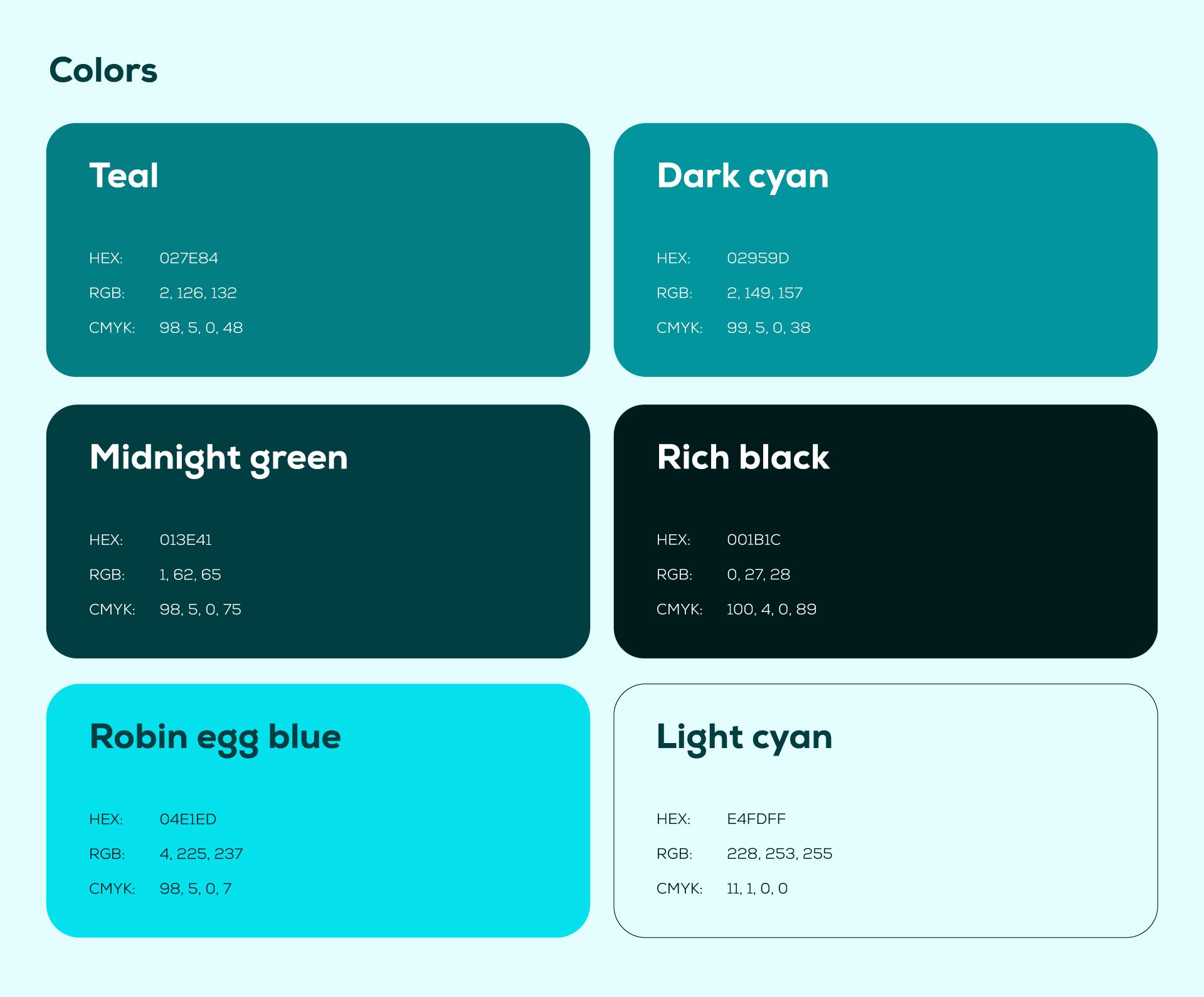 RGRAY’s Sitio brand palette, showing teal, dark cyan, midnight green, rich black, robin egg blue, and light cyan.
