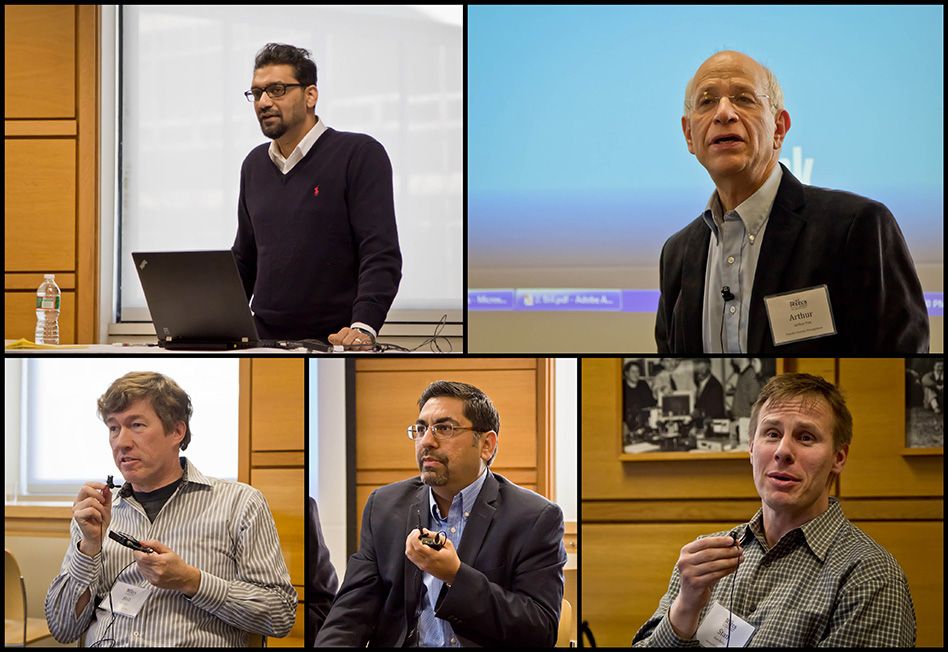 Siva Narendra, top left, moderates a funding-strategies panel at MIT’s Start6 program; four other panelists appear in the collage.