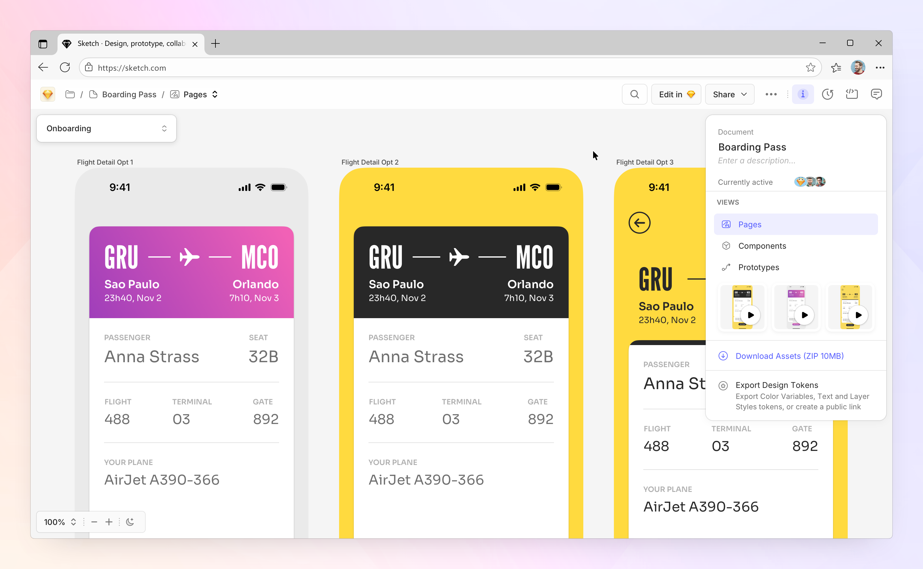 Sketch browser handoff view showing boarding-pass designs and inspection controls