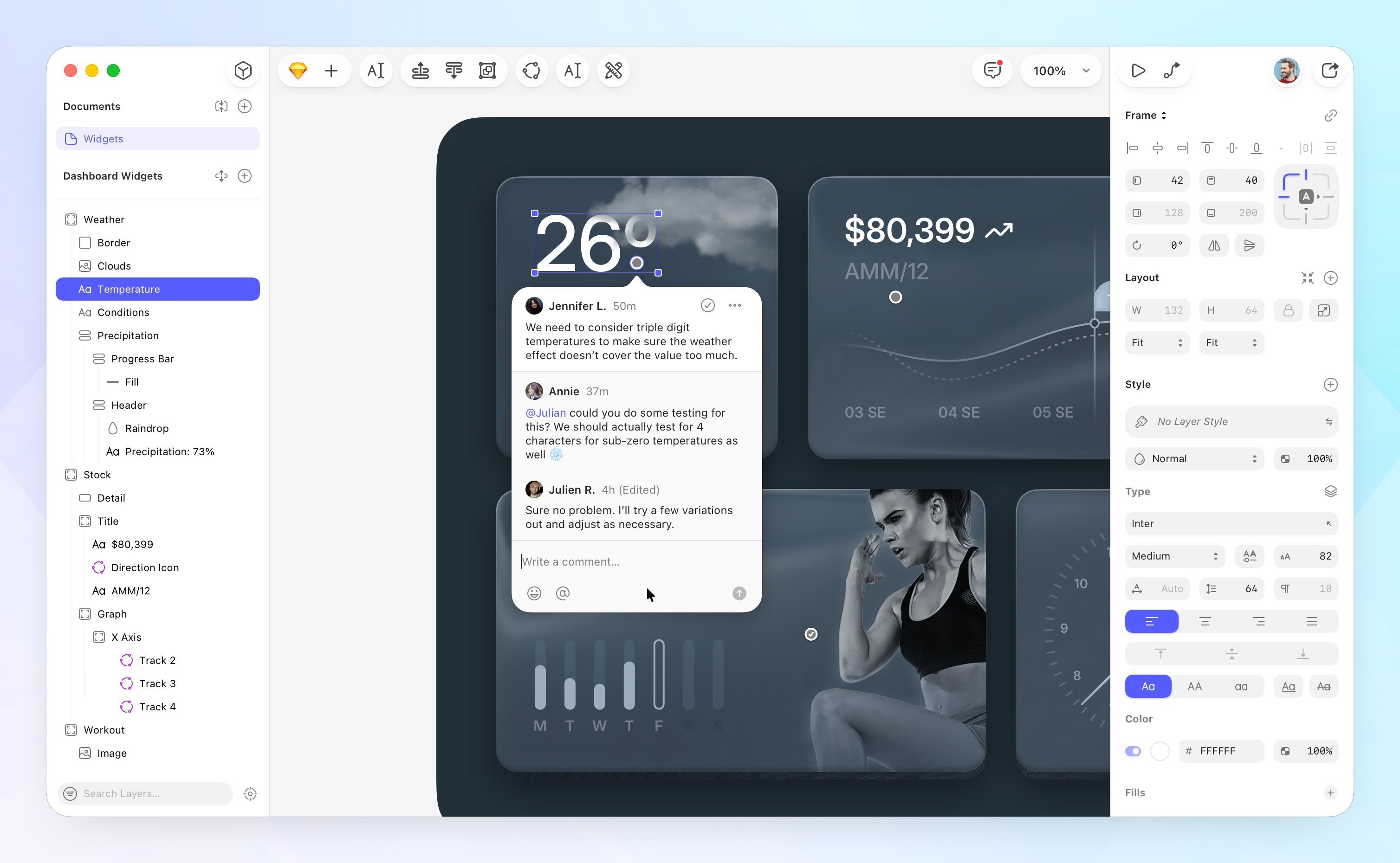 Sketch’s native Mac editor displaying interface cards with its layer list and Inspector