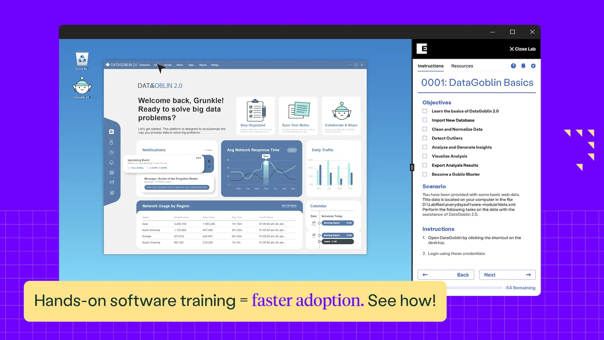 Skillable product demonstration with a software workspace beside a panel of lab objectives and instructions