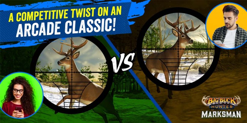Big Buck Hunter promotional screenshot with two crosshair views of deer and a versus symbol
