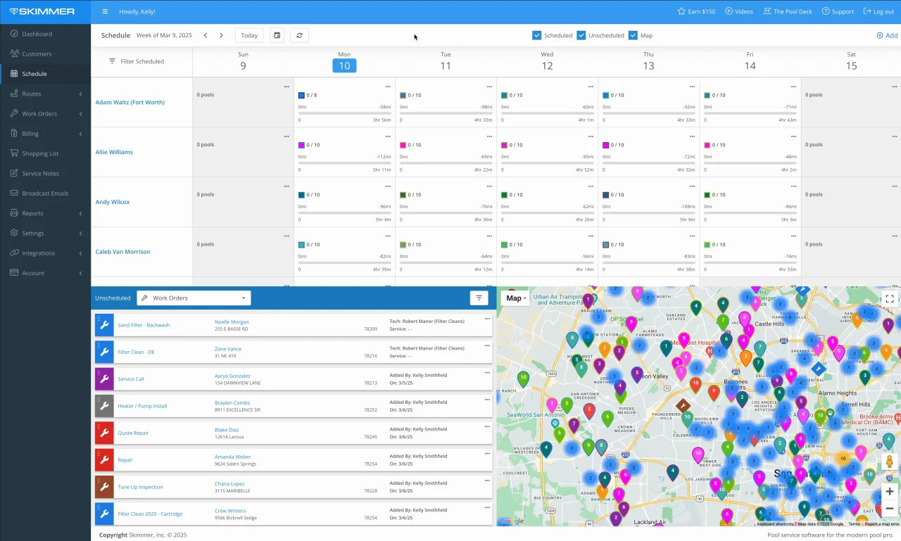 Skimmer scheduling interface showing technician routes, work orders and a map